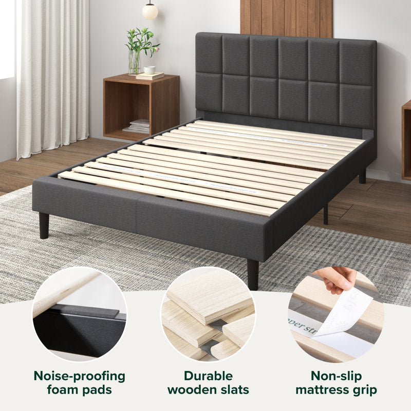 Lit plateforme capitonné Suhavi, style contemporain moderne (taille standard), gris foncé