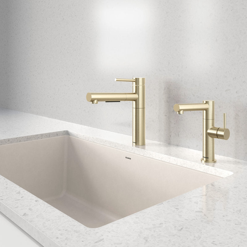 Robinet de cuisine rétractable double jet Alta II Low Arc (boîte ouverte légèrement rayée) Or satiné