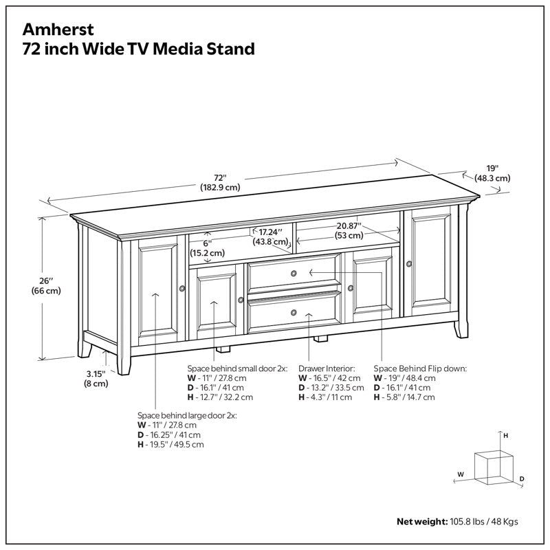 Amherst 72" solid wood TV Stand for TVs 80" or Smaller with 2 Cabinets, 2 Drawers and Adjustable Shelves