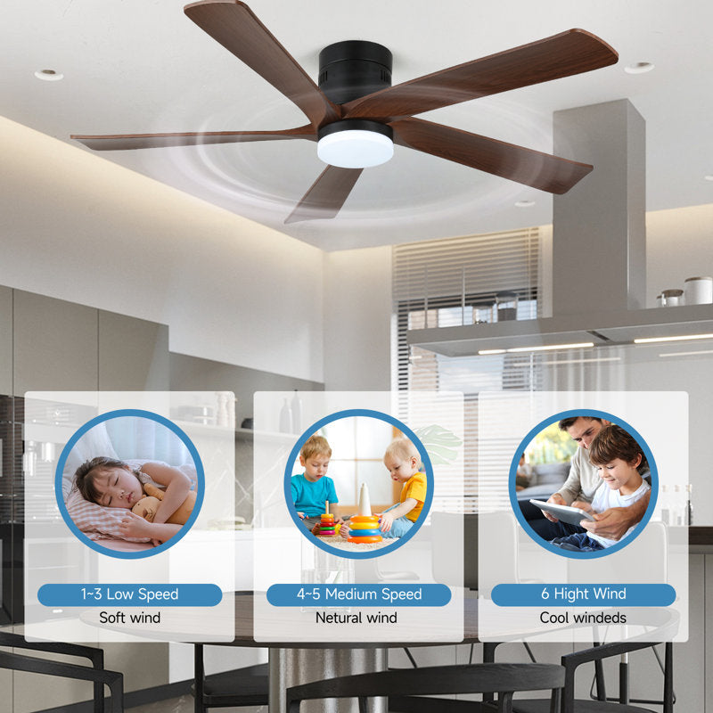52-inch recessed ceiling fan with lights and remote control, wood grain effect farmhouse fan, stepless dimming, low-profile LED light, 6 speeds, reversible