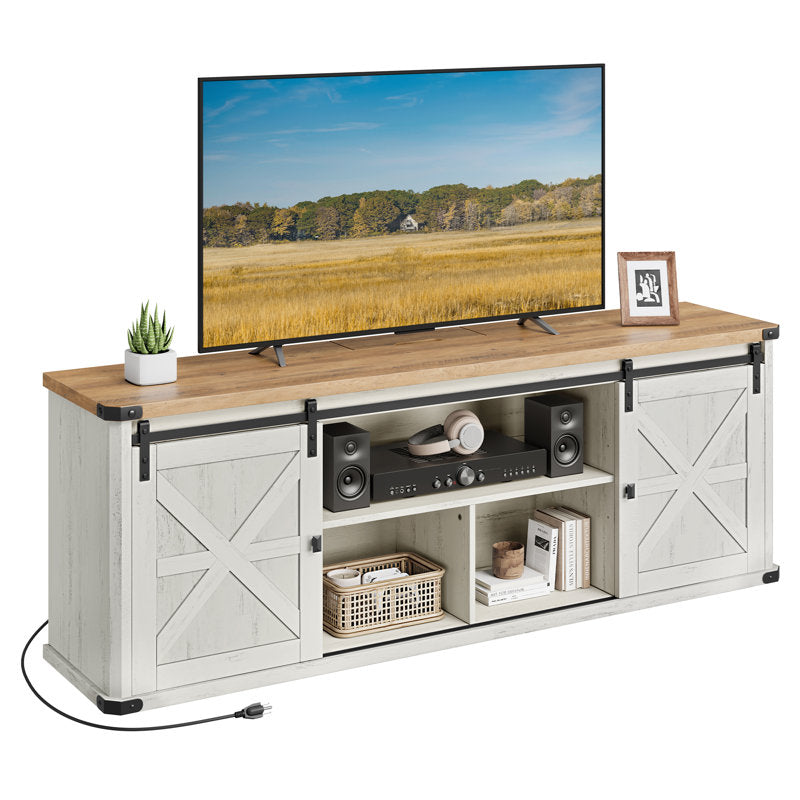 Meuble TV Cesilee pour téléviseurs jusqu'à 75 pouces avec 2 portes coulissantes de style grange et station de recharge intégrée 