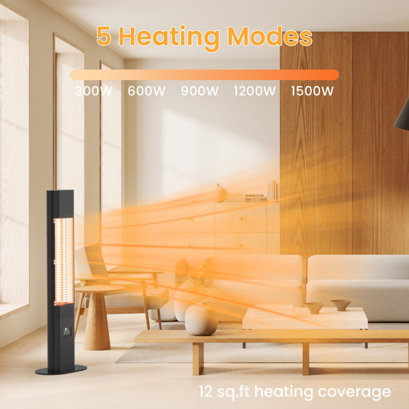1500W electric patio heater with remote control, 5 power settings, 24-hour timer