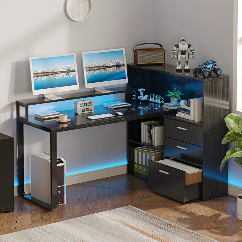 Bureau d'angle Jaemon avec lumières LED et 3 tiroirs