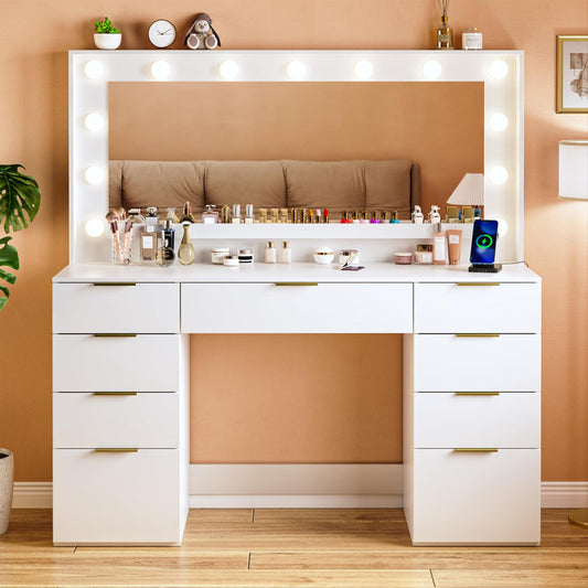 Coiffeuse avec grand miroir et éclairage, 9 tiroirs, prise électrique (BLANC)