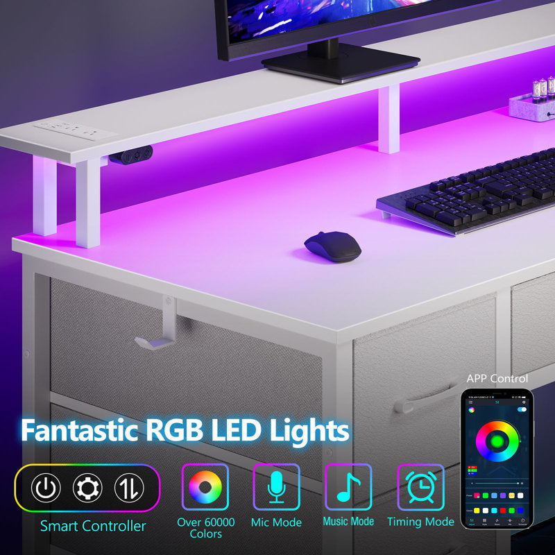 Bureau d'ordinateur Linze avec étagère pour écran, éclairage LED RGB, ports USB et tiroirs (blanc)