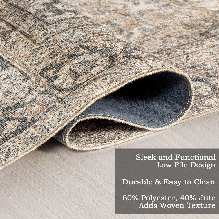 Tapis persan oriental vintage beige chiné fauve Delphine, 231 cm x 300 cm 