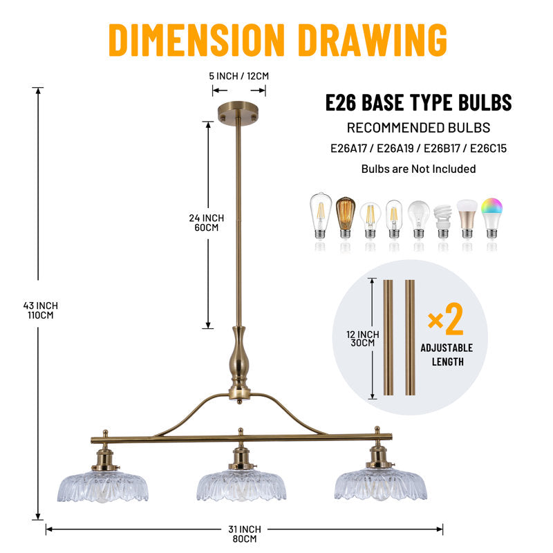 Kelbe Modern Linear Chandelier with 3 Dimmable Lights