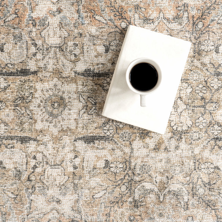 Tapis persan oriental vintage beige chiné fauve Delphine, 231 cm x 300 cm 