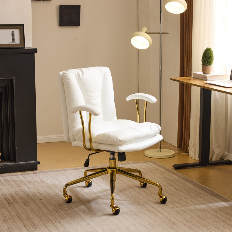 Chaise de bureau pivotante rembourrée en PU de 24 pouces de largeur (blanc et or)