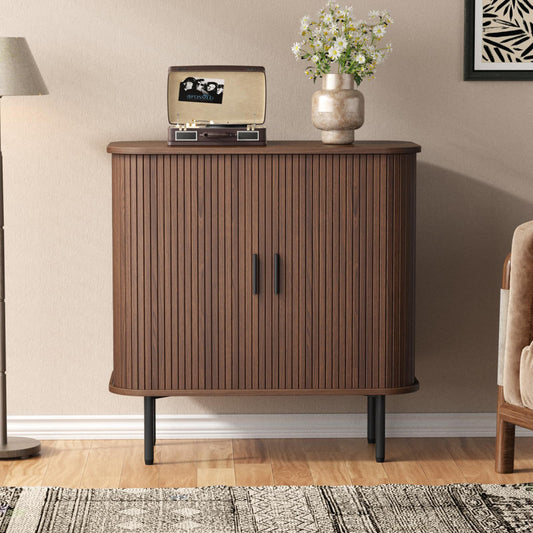 31-inch wide sideboard with storage, fluted storage cabinet with rounded edges and sliding doors, bar, console table with backsplash for living room, kitchen, hallway