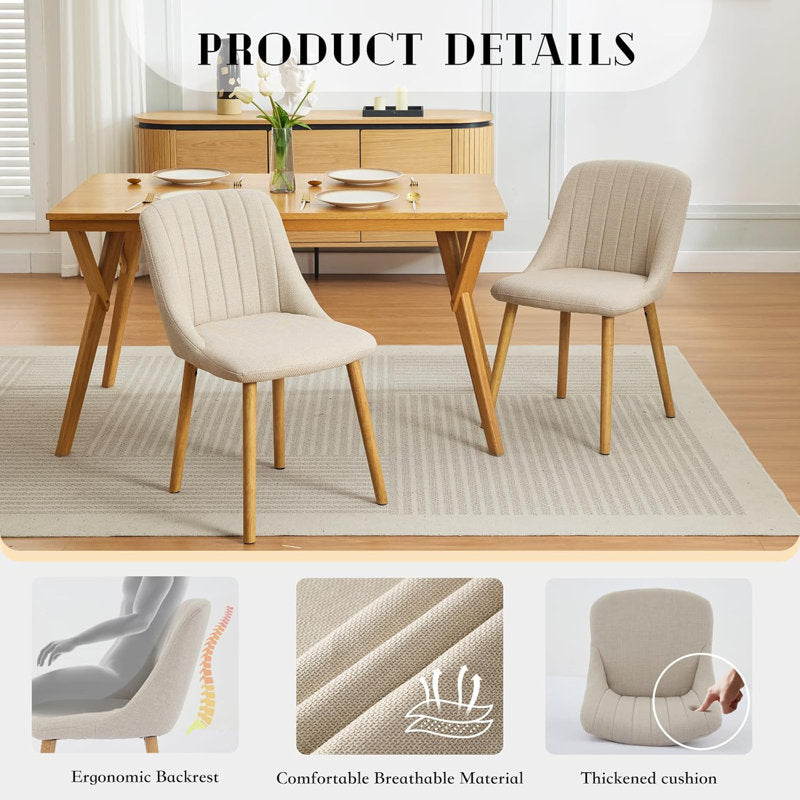 Set of 2 dining chairs, modern fabric upholstered kitchen accent chairs, curved back dining chairs with oak legs, armless dining chair for dining room (beige)