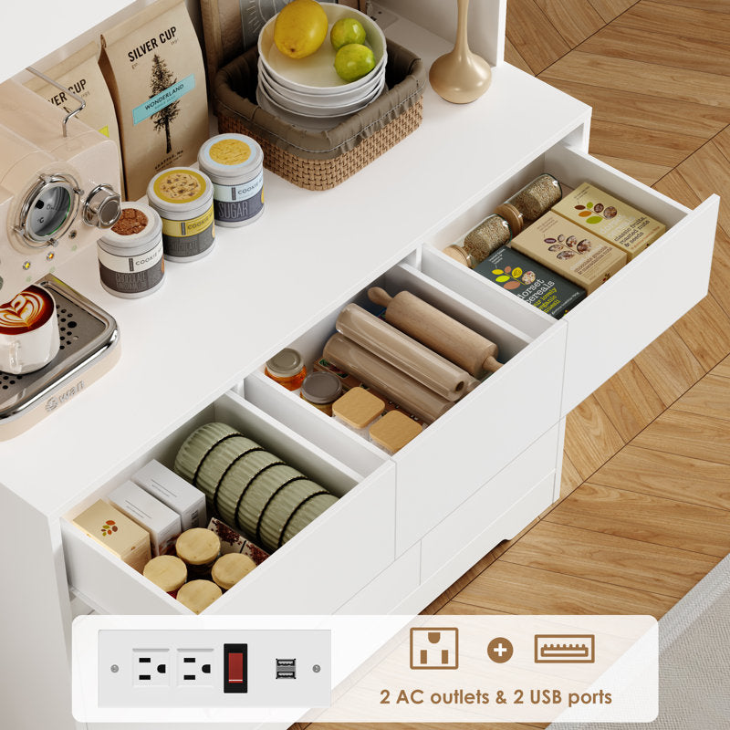 Armoire de cuisine Aybike de 180 cm de haut avec station de charge et éclairage LED, garde-manger autoportant avec 4 placards, 3 tiroirs et étagère pour micro-ondes, rangement de type vaisselier, étagères réglables