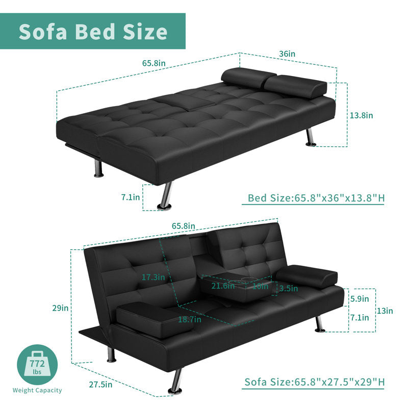 66-inch Convertible Sofa Bed with Click-Clack Cup Holder, Compact Polyurethane Leather Futon for Small Spaces