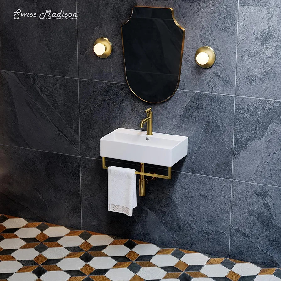 Swiss Madison Claire 22" Wall-Mount Bathroom Sink with Integrated Towel Bar, Rectangular Ceramic Basin, Space-Saving Modern Design, Single Faucet Hole, Glossy White with Brushed Gold