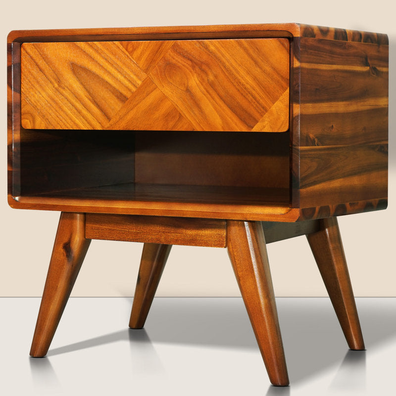 Laden solid acacia wood bedside table, bedside table with drawer and open shelf, Mid-Century Art Deco style end table
