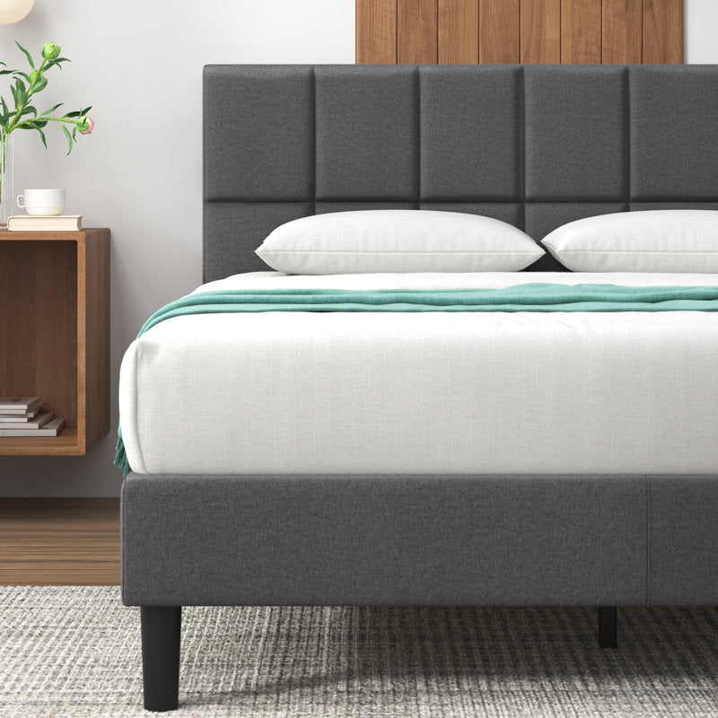 Lit plateforme capitonné Suhavi, style contemporain moderne (taille standard), gris foncé