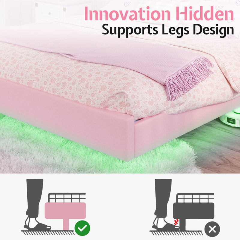 Cadre de lit flottant Zoomie Kids avec tête de lit LED réglable et revêtement en cuir, rose (taille standard)