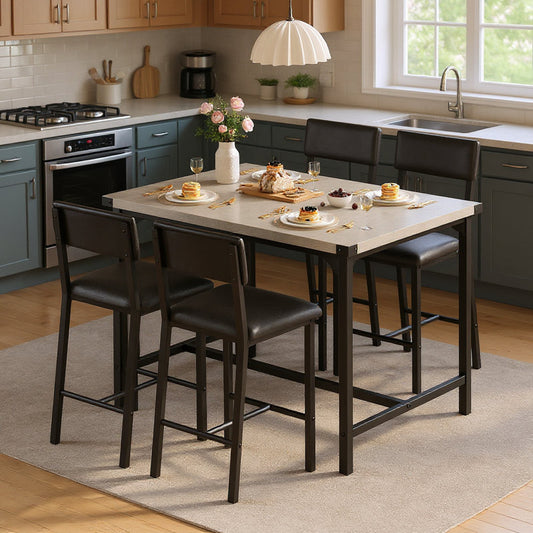 Dining Table Set, Counter Height Table With 4 Upholstered Bar Stools Grey Top Black Chairs