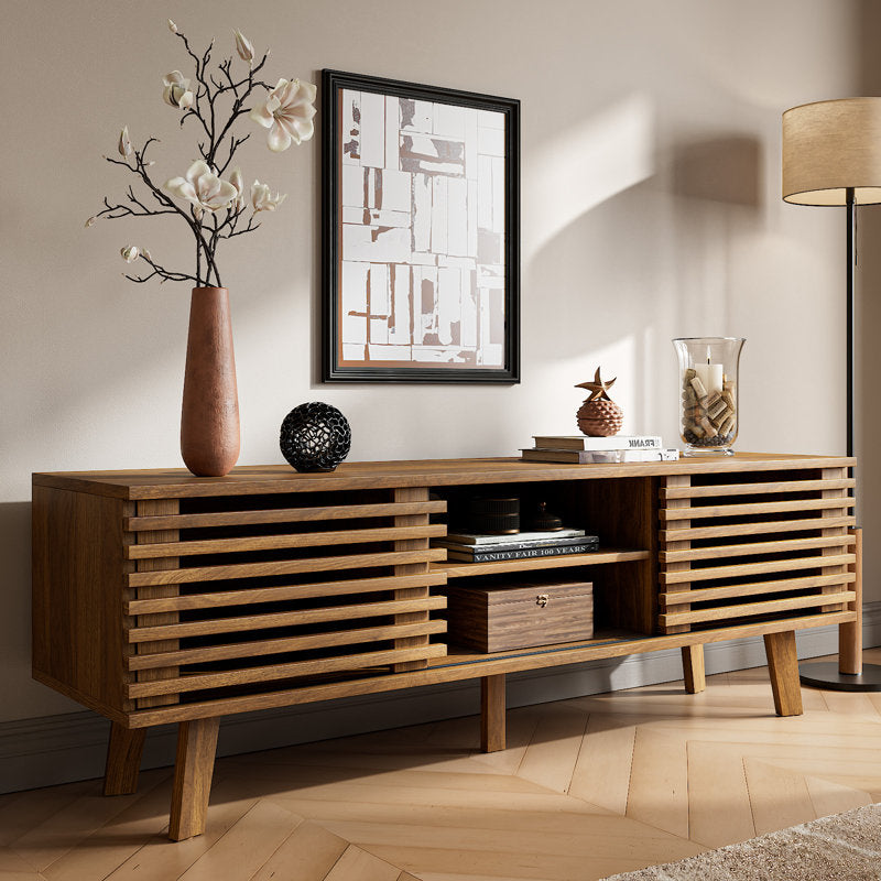 Meuble TV Caistor 59" pour téléviseurs jusqu'à 65", centre de divertissement moderne du milieu du siècle avec étagères, bois brun foncé