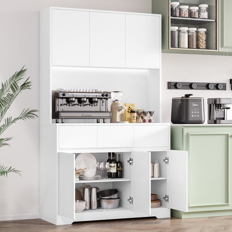 Armoire de cuisine Aybike de 180 cm de haut avec station de charge et éclairage LED, garde-manger autoportant avec 4 placards, 3 tiroirs et étagère pour micro-ondes, rangement de type vaisselier, étagères réglables