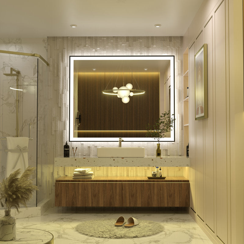 Miroir de salle de bain/coiffeuse Aevar Space en verre trempé antibuée, cadre en aluminium spatial, éclairage LED avant et arrière, 44 x 36 pouces
