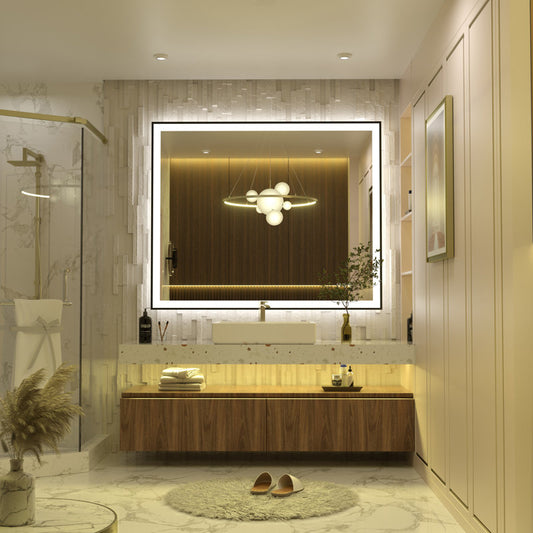Miroir de salle de bain/coiffeuse Aevar Space en verre trempé antibuée, cadre en aluminium spatial, éclairage LED avant et arrière, 44 x 36 pouces