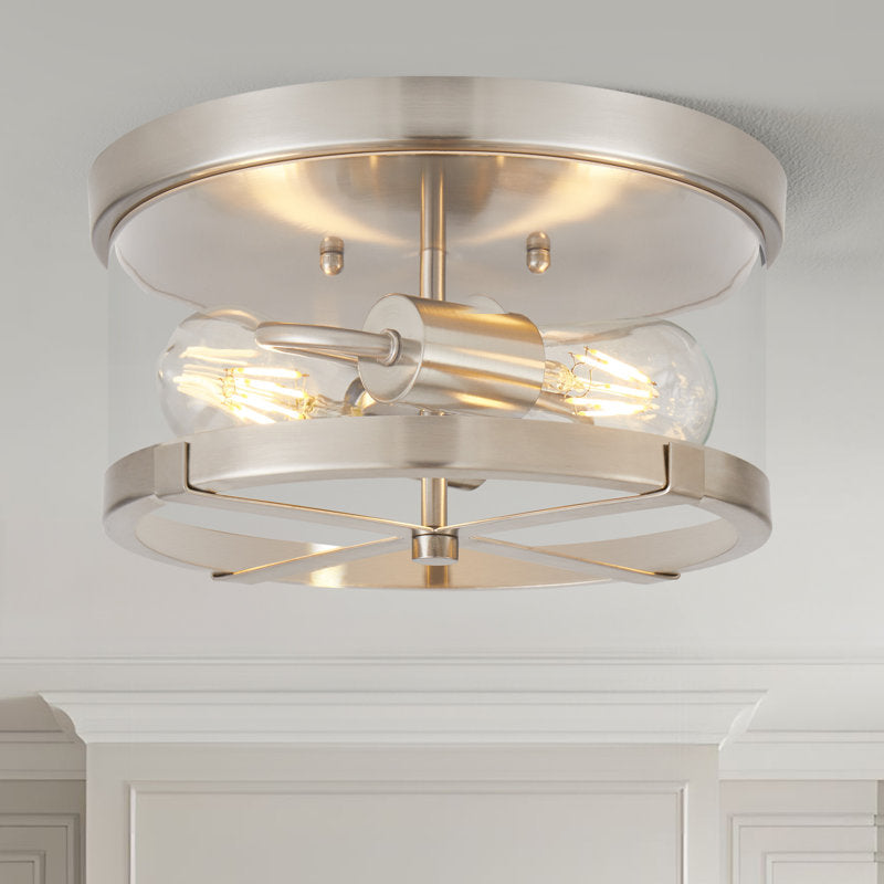 Plafonnier Bradlay à 2 lumières, en verre transparent, avec cadre en métal, finition nickel brossé