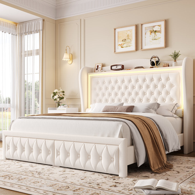 Lit plateforme Kaliya Queen en velours capitonné : tête de lit à oreilles avec éclairage LED et 2 tiroirs de rangement, cadre en bois massif, blanc king size