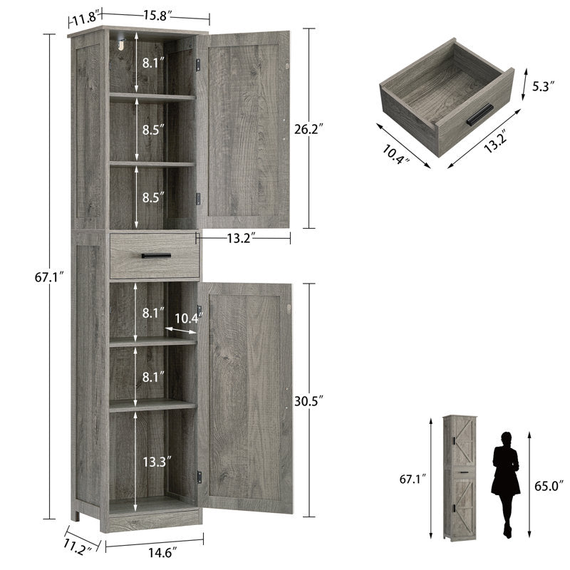 Armoire de salle de bain grise haute avec 4 étagères, 2 portes et 1 tiroir