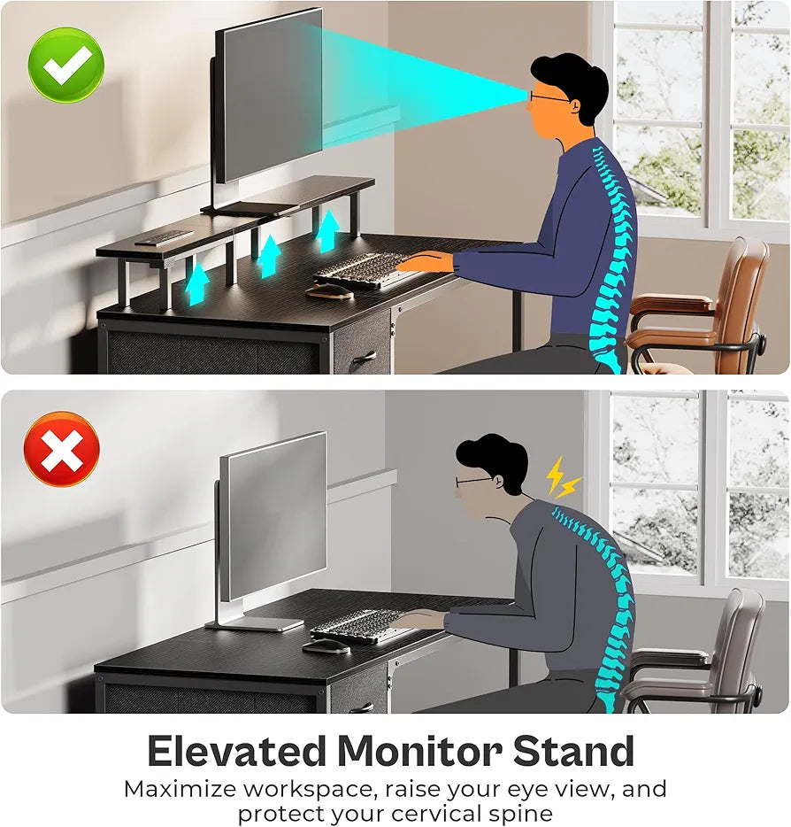 Bureau informatique Huuger 47 pouces avec prises de courant et lumières LED, bureau de gaming avec 4 tiroirs, bureau d'ordinateur avec support d'écran, pour étude, travail à domicile, petits espaces, noir