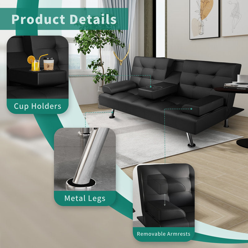 66-inch Convertible Sofa Bed with Click-Clack Cup Holder, Compact Polyurethane Leather Futon for Small Spaces