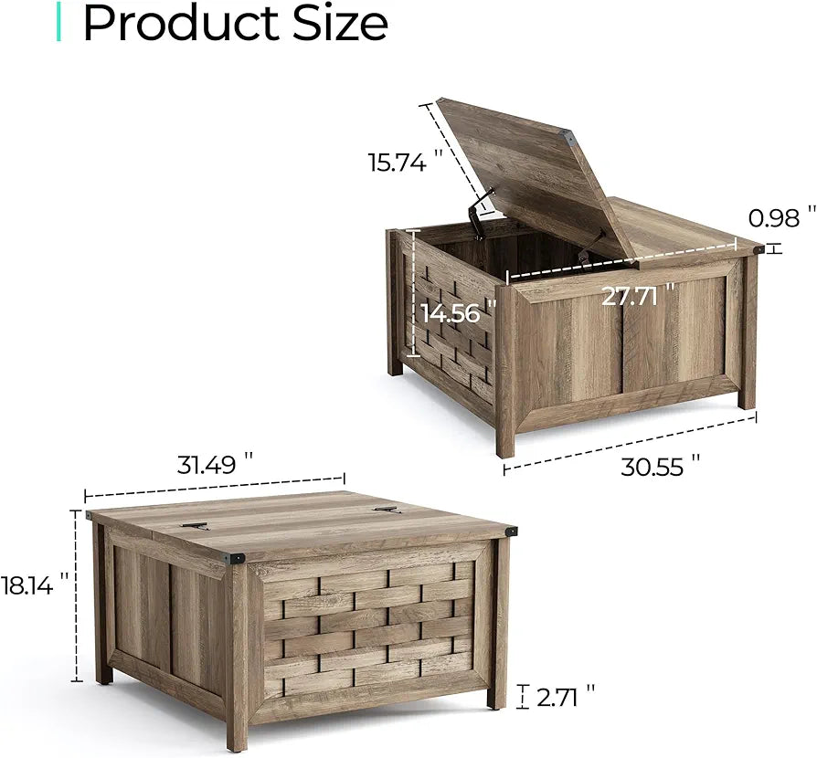 Farmhouse Coffee Table, 31.5" Square Center Table with Large Hidden Storage, Rustic Cocktail Table with Hinged Lift Top for Living Room