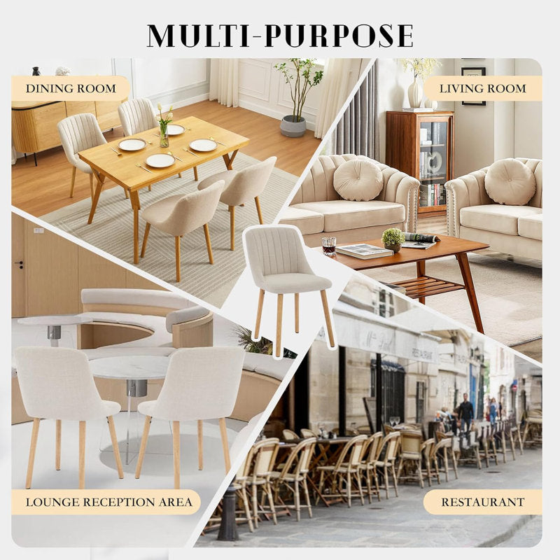 Set of 2 dining chairs, modern fabric upholstered kitchen accent chairs, curved back dining chairs with oak legs, armless dining chair for dining room (beige)