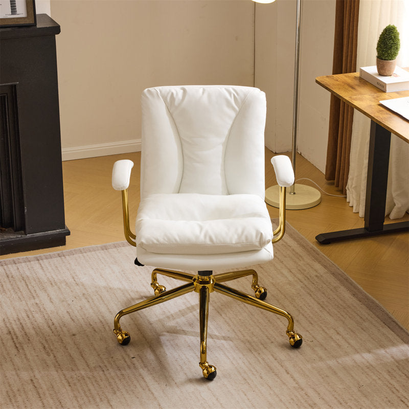 Chaise de bureau pivotante rembourrée en PU de 24 pouces de largeur (blanc et or)