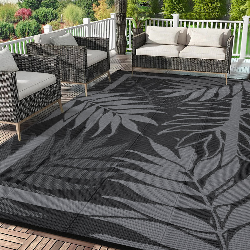 Modern 9 x 12 leaf pattern outdoor rug for indoor and outdoor patios and porches - Waterproof, washable, no shedding, and easy to clean