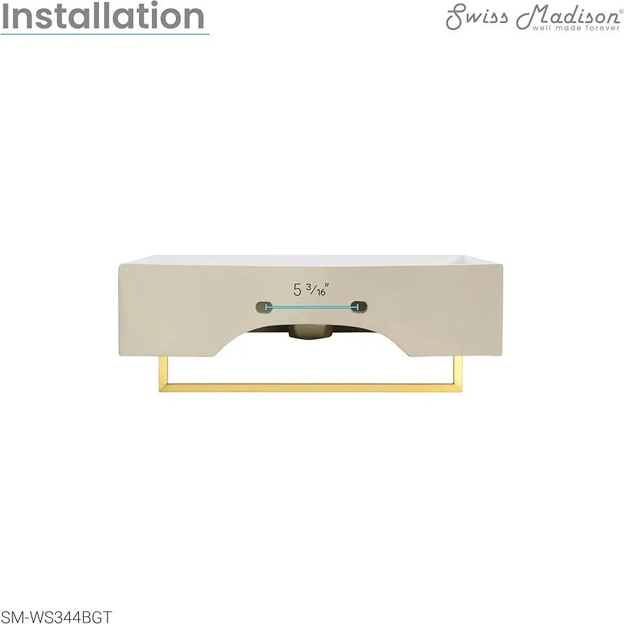 Swiss Madison Claire 22" Wall-Mount Bathroom Sink with Integrated Towel Bar, Rectangular Ceramic Basin, Space-Saving Modern Design, Single Faucet Hole, Glossy White with Brushed Gold