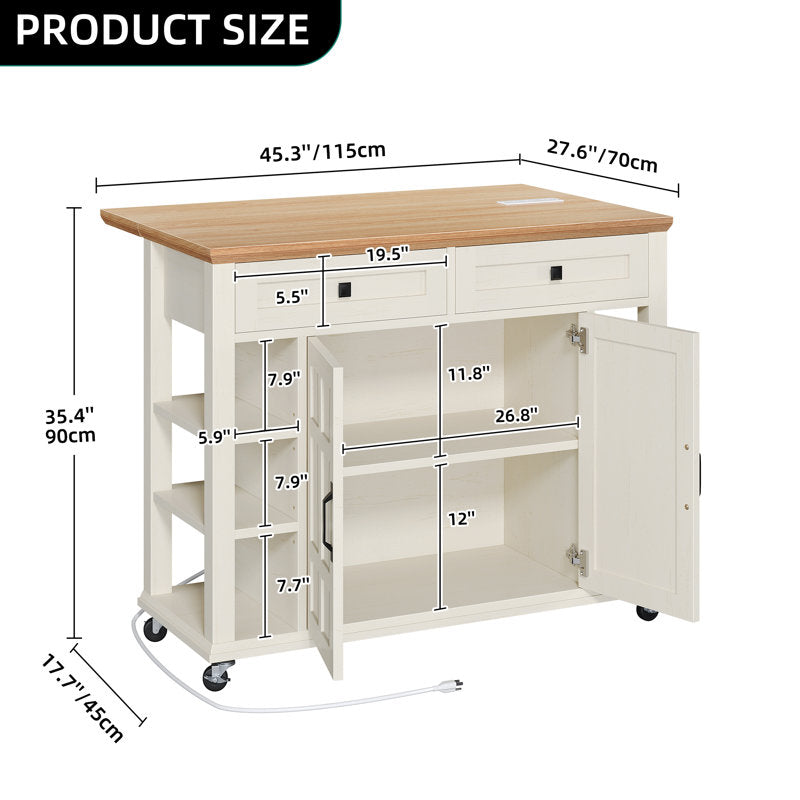 Brianny Rolling Kitchen Cart Island with Foldable Tabletop 2 Drawers and Power Outlet off white