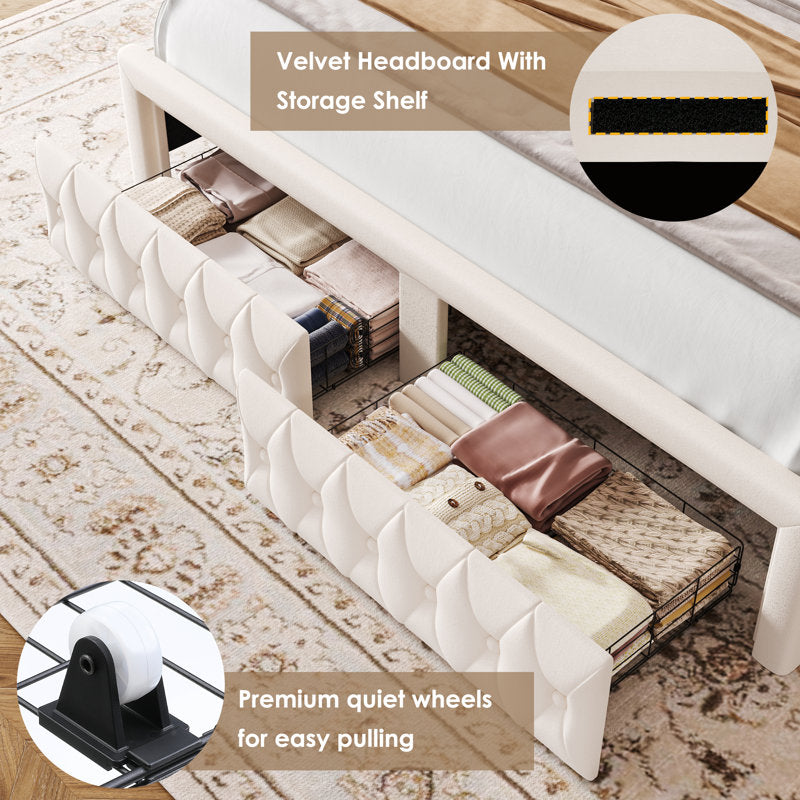 Lit plateforme Kaliya Queen en velours capitonné : tête de lit à oreilles avec éclairage LED et 2 tiroirs de rangement, cadre en bois massif, blanc king size