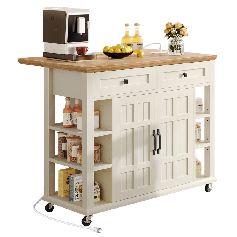 Brianny Rolling Kitchen Cart Island with Foldable Tabletop 2 Drawers and Power Outlet off white