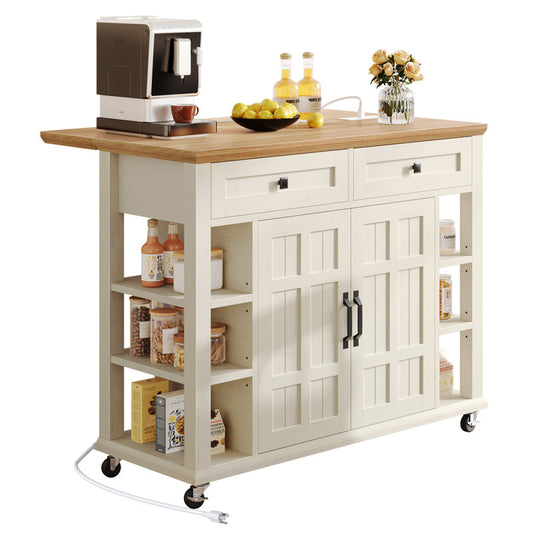 Brianny Rolling Kitchen Cart Island with Foldable Tabletop 2 Drawers and Power Outlet off white