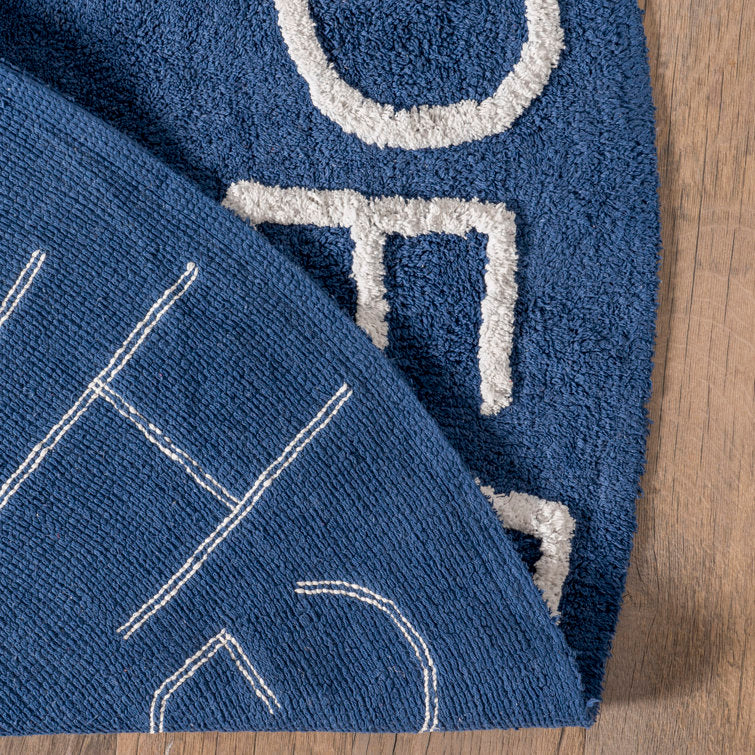 Tapis rond lavable pour enfants avec alphabet, 120 cm de diamètre, bleu