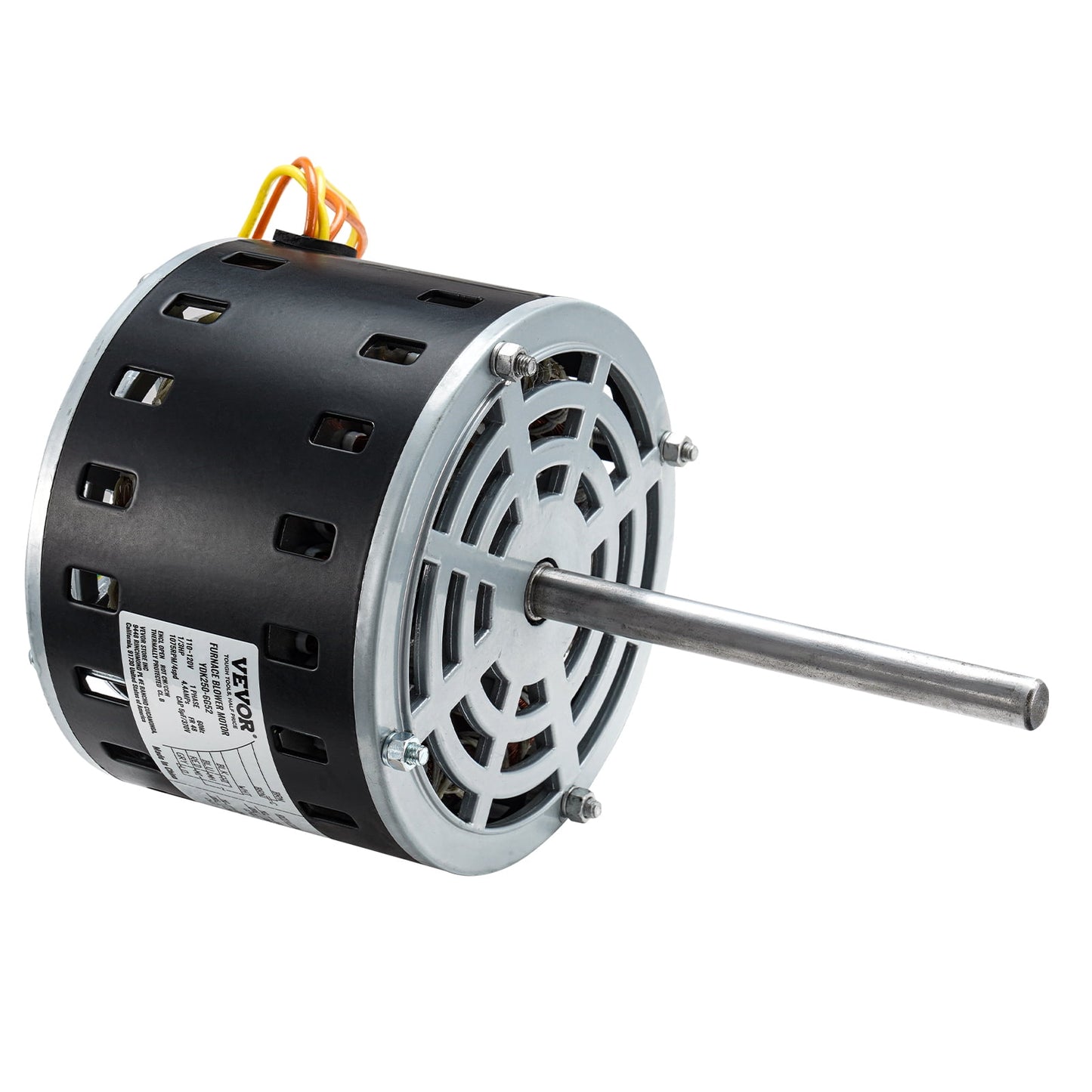 Moteur de ventilateur de fournaise VEVOR 1/3 HP, 110/120 V, 4,4 A, 1075 tr/min, 4 vitesses, rotation horaire/antihoraire, châssis 48, longueur d'arbre 5,2 po, condensateur 5 μF/370 V + anneau de maintien 11 po