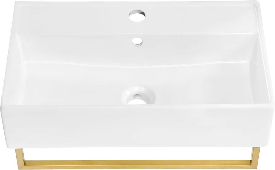 Swiss Madison Claire 22" Wall-Mount Bathroom Sink with Integrated Towel Bar, Rectangular Ceramic Basin, Space-Saving Modern Design, Single Faucet Hole, Glossy White with Brushed Gold