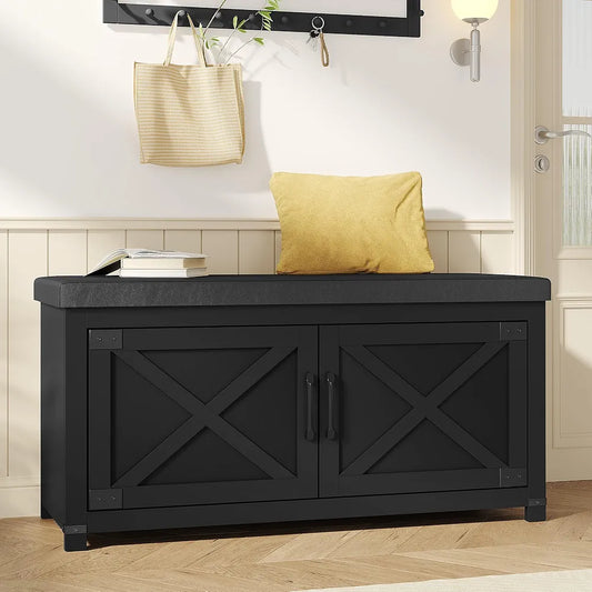 Banc de rangement pour chaussures de style campagnard, banc à chaussures à 2 niveaux avec coussin d'assise rembourré et 2 portes de grange, banc d'entrée avec étagère réglable, meuble à chaussures pour salon, chambre, antique (noir)
