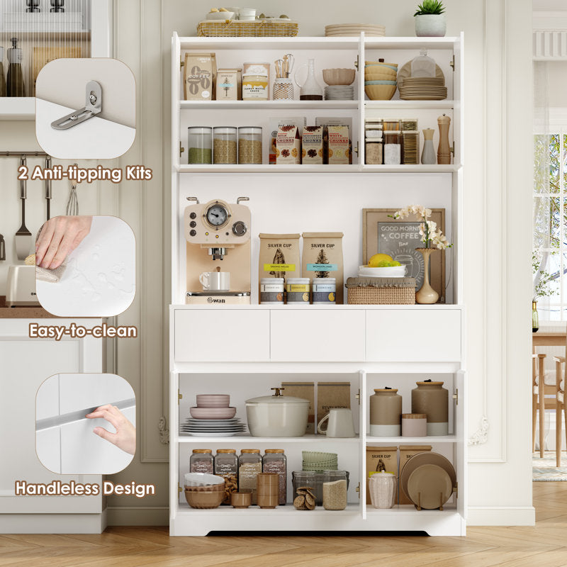 Armoire de cuisine Aybike de 180 cm de haut avec station de charge et éclairage LED, garde-manger autoportant avec 4 placards, 3 tiroirs et étagère pour micro-ondes, rangement de type vaisselier, étagères réglables