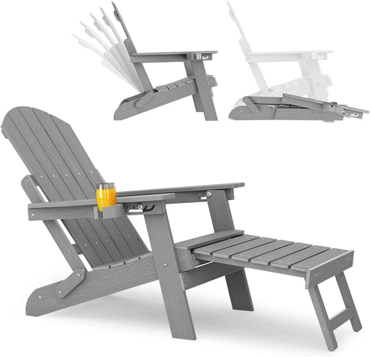 Adjustable Adirondack Chair with Footrest, 5-Level Adjustable Adirondack Chair with Retractable Ottoman & Cup Holder, Folding Adirondacks Chairs Use for Outdoor, Pool and Patio