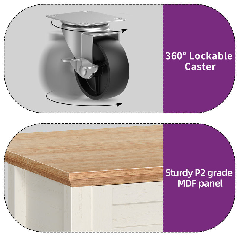 Brianny Rolling Kitchen Cart Island with Foldable Tabletop 2 Drawers and Power Outlet off white