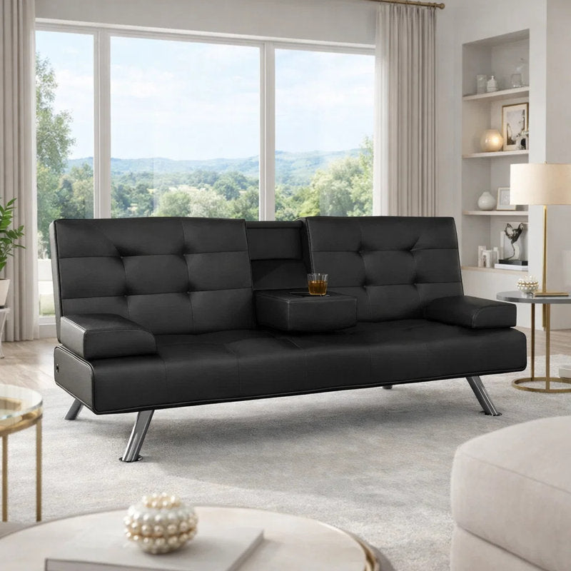 66-inch Convertible Sofa Bed with Click-Clack Cup Holder, Compact Polyurethane Leather Futon for Small Spaces