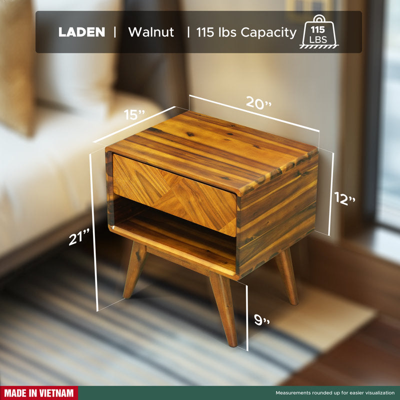 Laden solid acacia wood bedside table, bedside table with drawer and open shelf, Mid-Century Art Deco style end table