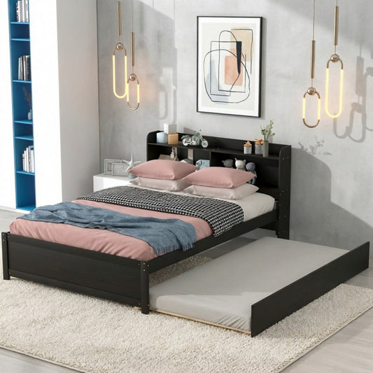Wooden Bed with Trundle Bed and Bookcase